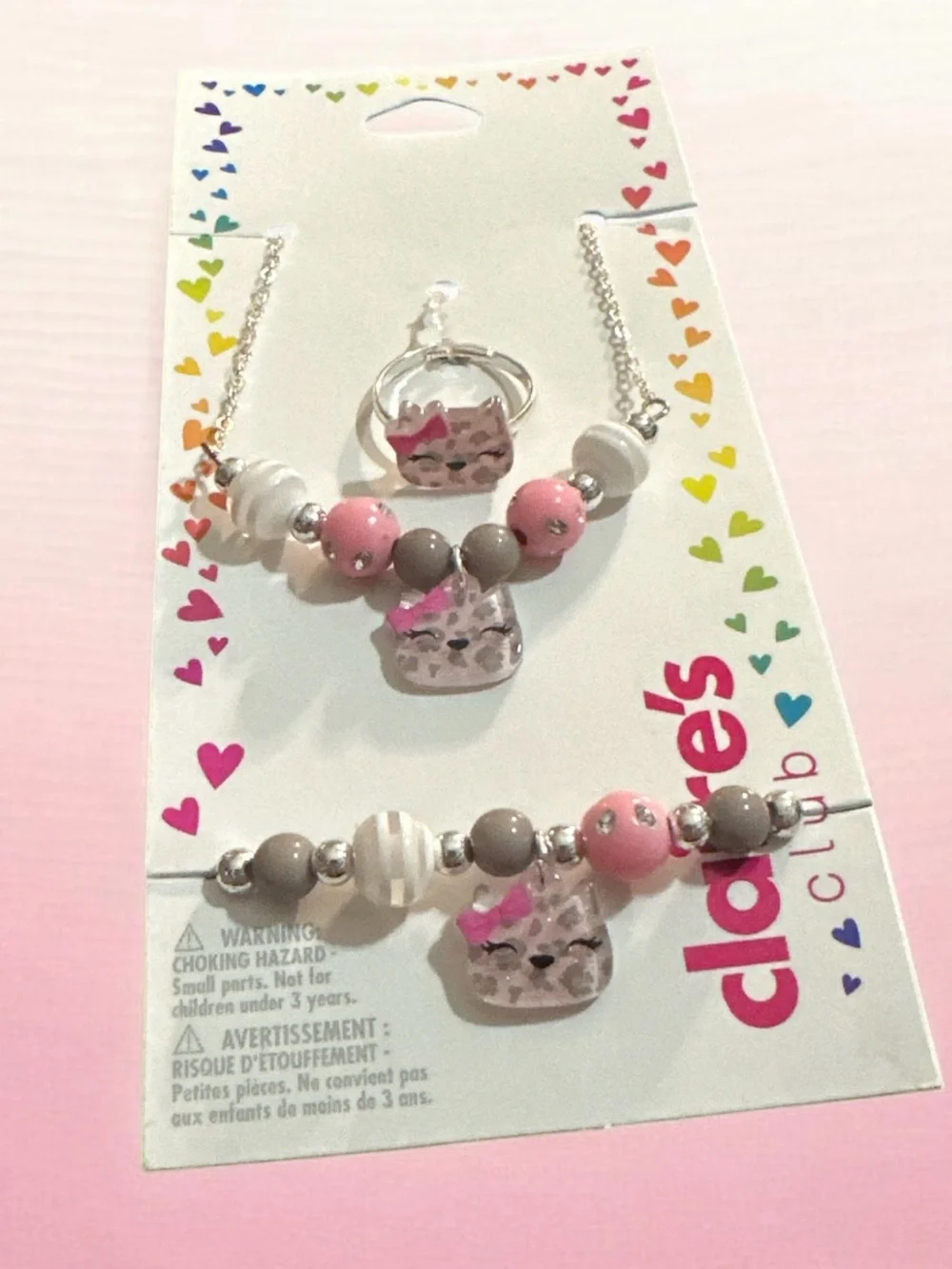 Kids Pink Cat Bead Jewelry Set — Necklace, Bracelet & Ring 1053